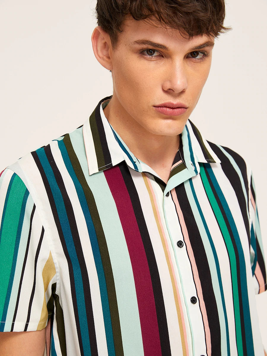 Multi Striped Short Sleeve Button Up Shirt