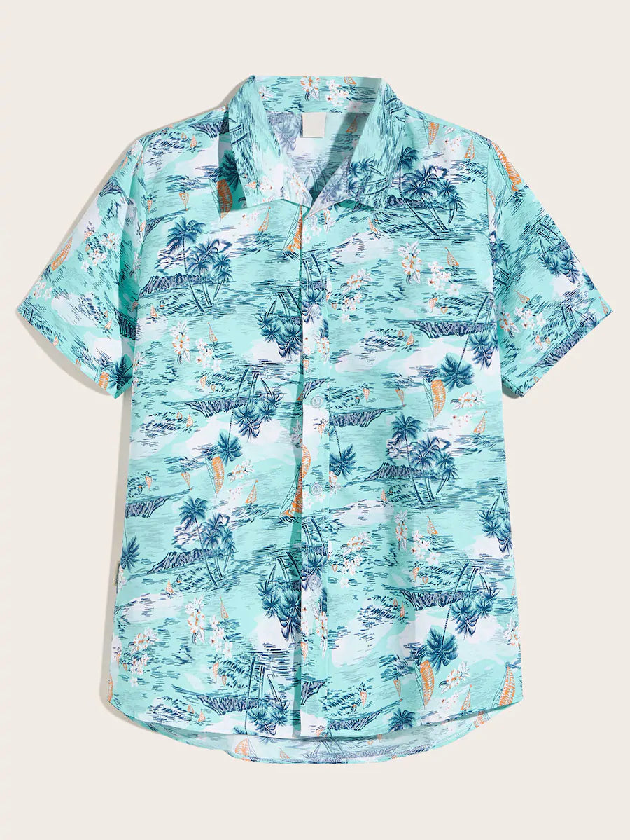 Random Tropical Printed Short Sleeve Button Up Shirt
